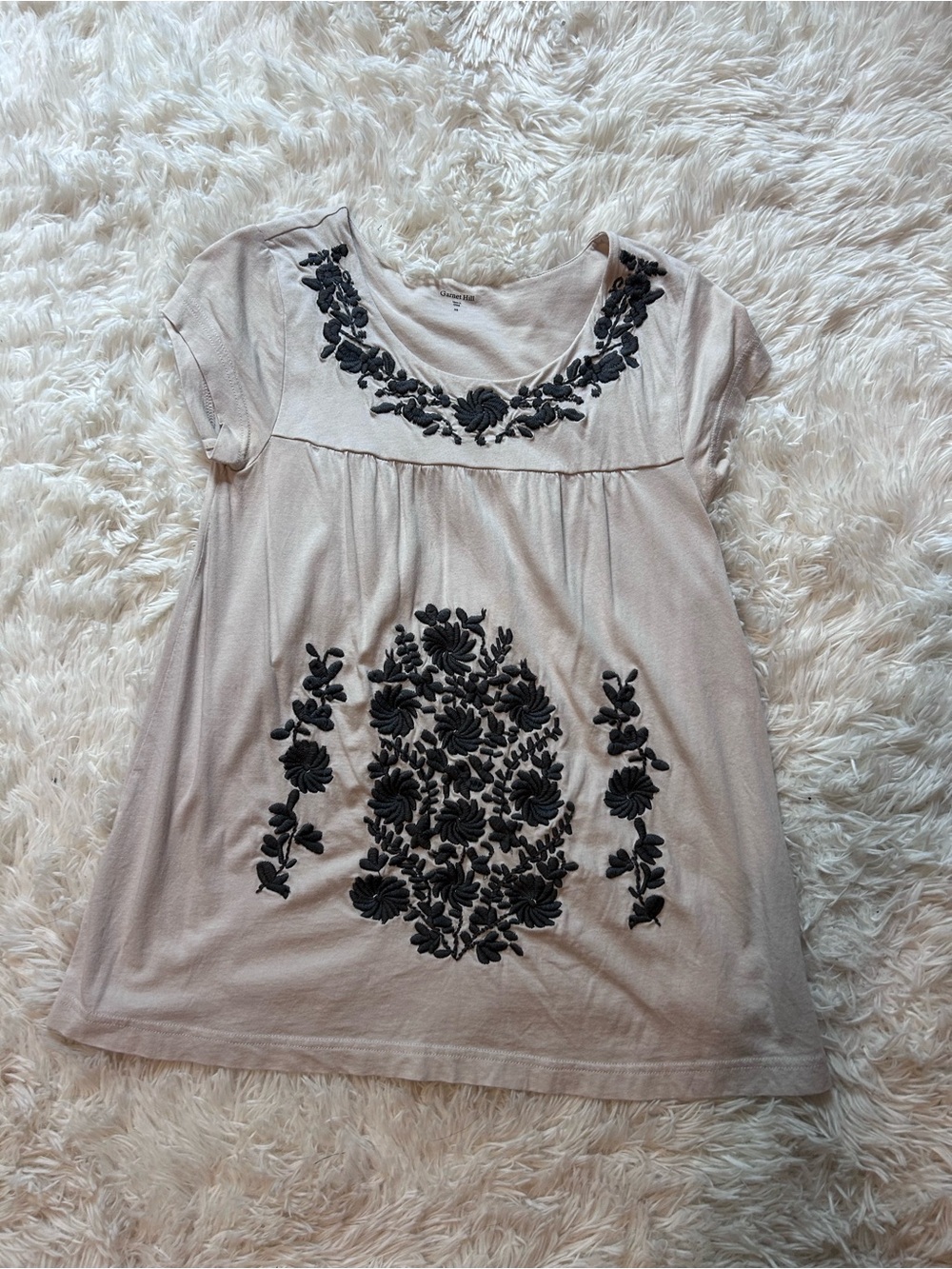 Garnet Hill Beige Tunic Top with Black Floral Embroidery